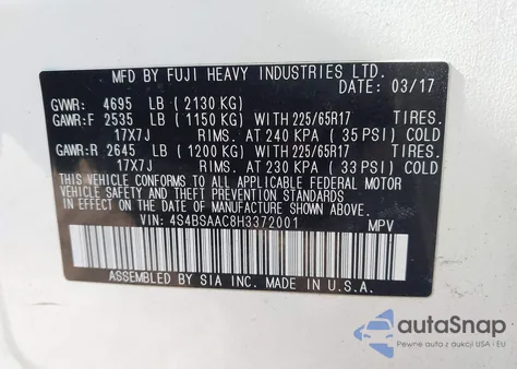 2017 Subaru Outback 2.5I z USA, uszkodzony, nr VIN 4S4BSAAC8H3372001